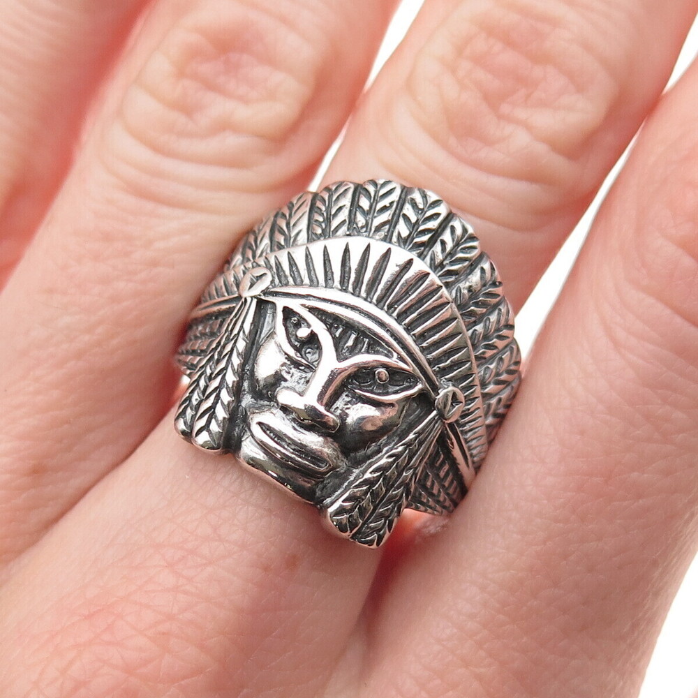 925 Sterling Silver Vintage Southwestern Indian Chief Oxidized Ring Size 8.75